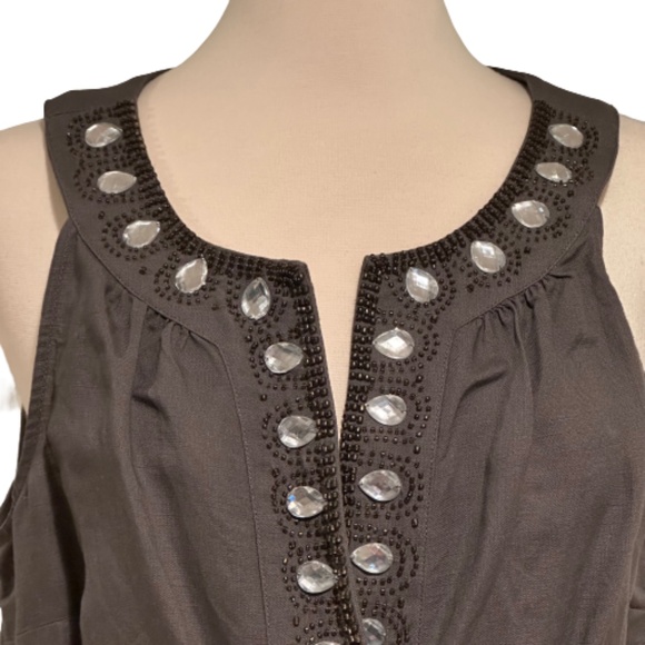 NEW YORK & COMPANY Sheath Dress Gray Jeweled Beaded Neckline Linen Blend Large - Picture 2 of 9